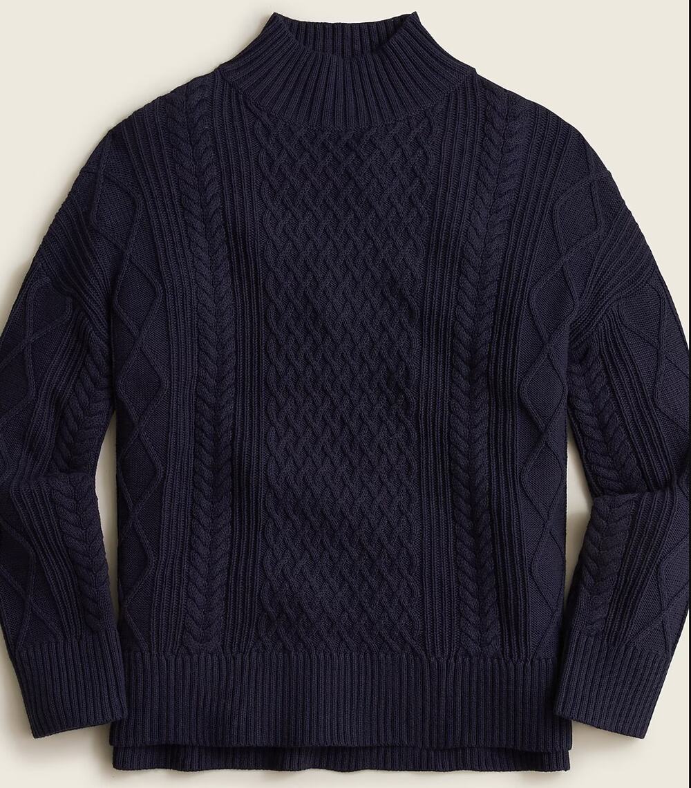 J. Crew Womens Sweater 2X Plus Navy Long Cotton Cable Knit Mockneck Heavyweight